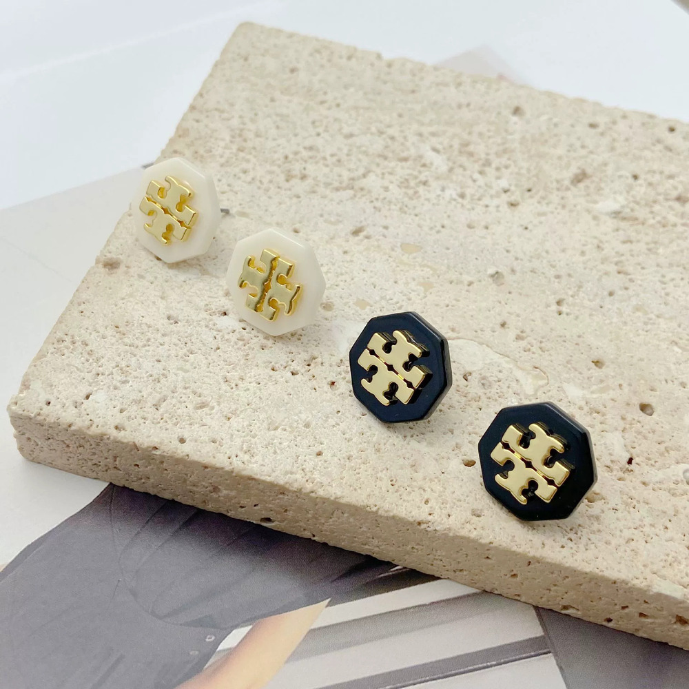 Tory Burch Button Stud Earrings Geometric MOP Ore